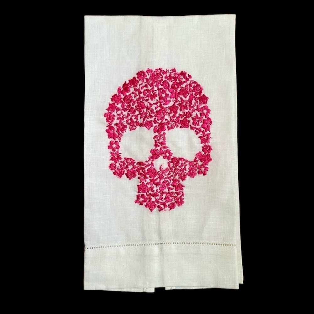 Vintage Linen Hand-Embroidered Mexican Skull Calavera Napkin, pink and white